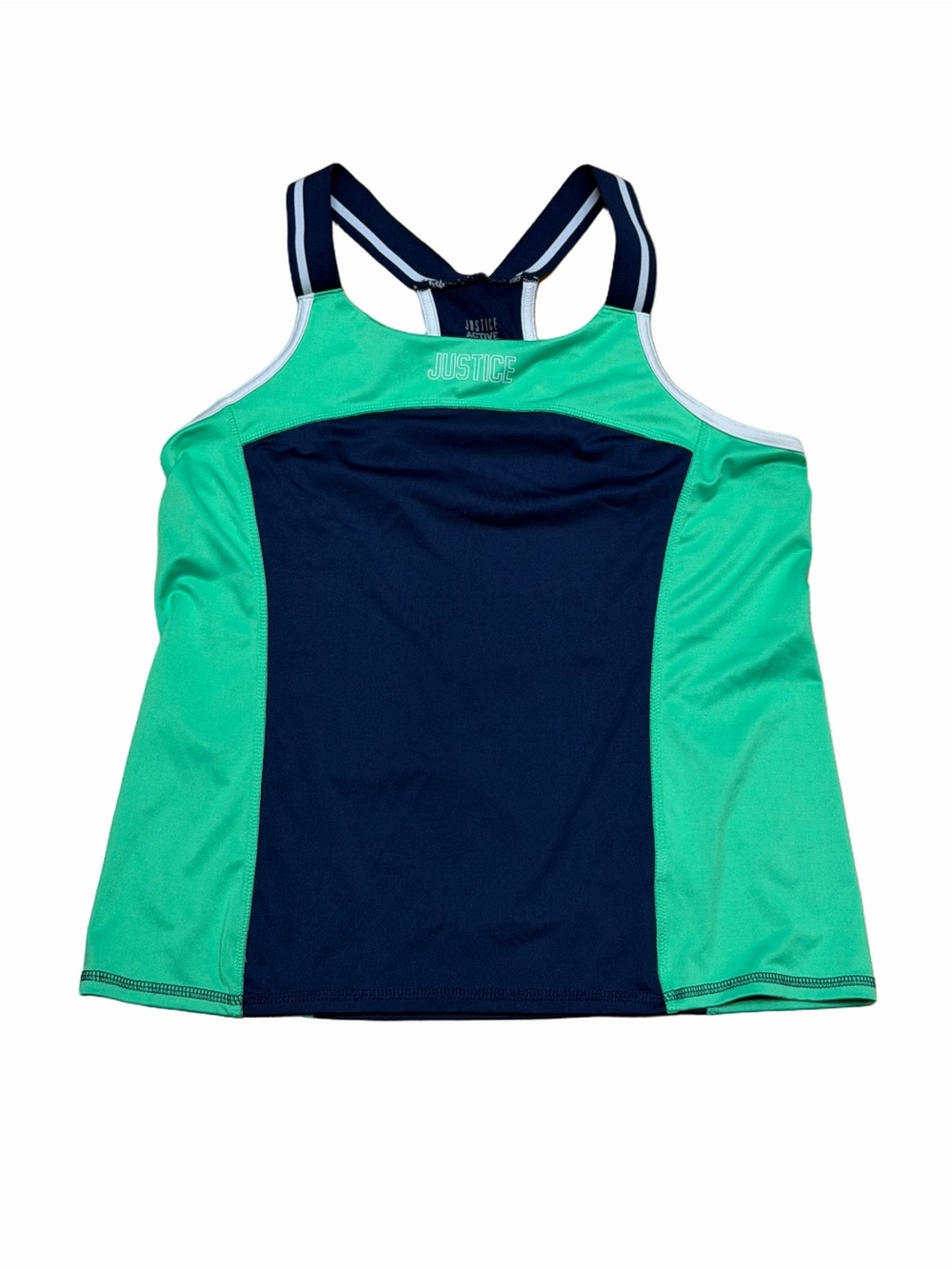Justice Active Girls Size 20 Navy Green Colorblock Racerback Athletic Tank Top